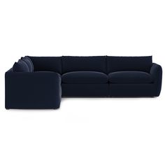 a blue sectional couch with pillows on the back and armrests, in front of a white background