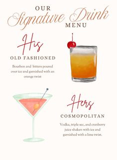 the menu for an old fashioned cocktail is shown in red, white and orange colors