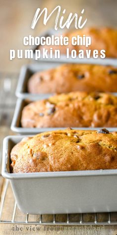 three loafs of chocolate chip pumpkin loaves on a cooling rack with text overlay