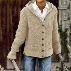 Pattern Type: Solid Sleeve Type: Long Sleeve Elasticity: Slightly Stretchy Thickness: Mid-Weight Material: Cotton And Polyester Neckline: Hoodie Jersey Vintage, Long Sleeve Knitted Cardigan, Winter Vest, Solid Sweaters, Jumpsuit Outfit, Knitted Hood, Beige Cardigan, Vintage Cardigan, Knitted Coat