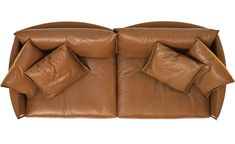 two brown leather couches with pillows on top of each one in front of a white background