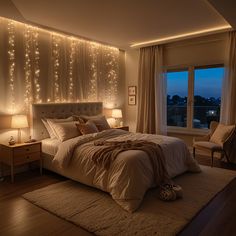 a large bed sitting in a bedroom next to a window with lights on the wall