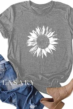 Lasaky - Dandelion Pattern Short Sleeve Casual Relaxed Fit Round Neck T-Shirt Spring Gray Graphic Tee T-shirt, Gray Graphic Tee For Summer, Gray Floral Print Summer Tops, Gray Printed Summer Top, Gray Floral Print Tops For Summer, Summer Gray Floral Print Tops, Casual Gray Tops With Floral Print, Spring Gray T-shirt With Letter Print, Spring Gray Letter Print T-shirt