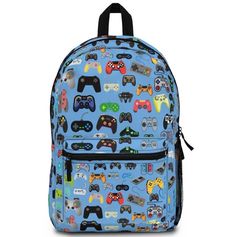 a blue backpack with video game controllers on the front and back straps, all over it