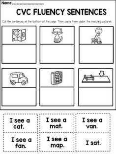 the cvc flueny sentence worksheet is shown with pictures and words