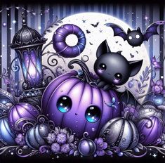 a painting of a cat sitting on top of a purple pumpkin with bats around it