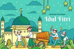 an illustration of three men pulling a cart in front of a mosque with the words yol fitri written on it