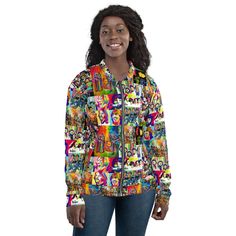 Add some spice to your wardrobe with this vibrant all-over print bomber jacket. Wear over a basic t-shirt, or layer over a warm hoodie, it will look stunning either way. With a brushed fleece lining on the inside, and a relaxed unisex fit, this bomber jacket is the stuff of dreams, so act fast! * 100% polyester * Fabric weight: 220 g/m² (6.49 oz/yd²) (weight may vary by 5%) * Brushed fleece interior lining * Unisex fit * Overlocked seams * Reinforced neckline * Silver YKK zipper * 2 matching poc Casual Fitted Outerwear With Graffiti Print, Fitted Graffiti Print Outerwear For Fall, Trendy Long Sleeve Outerwear With Graffiti Print, Cotton Outerwear With All Over Print For Fall, Trendy Relaxed Fit Outerwear With Graphic Print, All Over Print Tops For Fall Streetwear, Casual Multicolor Print Long Sleeve Outerwear, Multicolor Printed Outerwear For Streetwear, Casual Multicolor Print Fall Outerwear