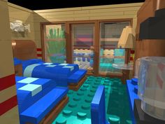 a room filled with lots of blue legos and furniture next to a large window