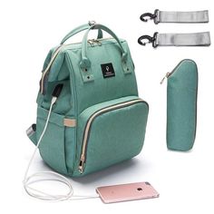 a green backpack with its contents attached to it and two cords connected to the back