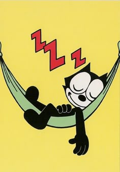 a cartoon cat sleeping in a hammock with his head on the back of another cat