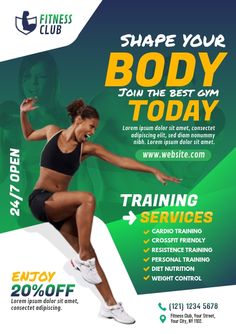 a flyer for a bodybuilding gym with an image of a woman doing squats