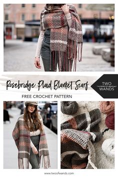 the free crochet pattern for this ponchy plaid blanket scarf is easy to make