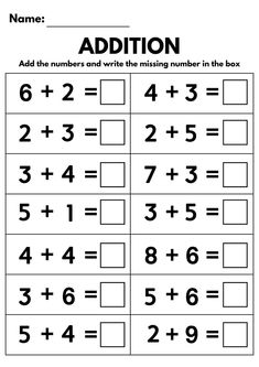 addition worksheet with numbers and missing number in the box for kids to learn