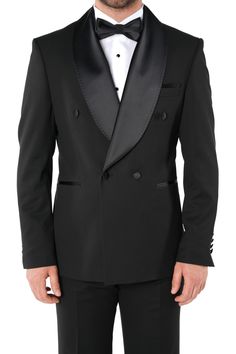 Brand: PAREZProduct Content: Jacket + pants + bow tieCut: Slim Fit Italian CutDrop: 6-DropSlit Detail: Double slitMaterial: 60% polyester 37% wool 3% lycraWashing Type: Dry cleaning         SIZE CHART  US 36 LBS 143 - 165 US 38 LBS 165 - 176 US 40 LBS 176 - 187 US 42 LBS 187 - 198 US 44 LBS 198 - 209 US 46 LBS 209 - 220 Black Double Breasted Suit With Double Button For Evening, Black Double Breasted Suit For Evening, Black Tuxedo With Hidden Button Closure For Party, Black Double Breasted Suit With Long Sleeves For Evening, Black Double Breasted Long Sleeve Suit For Evening, Winter Tuxedo Double Breasted Suit With Double Button Closure, Tuxedo Style Outerwear With Double Button Closure, Double-breasted Winter Business Tuxedo, Winter Double-breasted Business Tuxedo