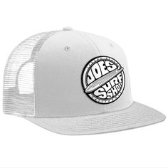 Elevate your beach style with the Joe's Surf Shop Fins Up Flat Bill Trucker Hat. This trucker hat combines fashion and functionality, featuring a sleek flat bill design and a breathable mesh back panel. With its rubber Joe's Surf Shop logo, this hat proudly represents the surf culture and adventure-seeking spirit. The adjustable snapback closure ensures a comfortable fit, while the flat bill provides ample shade from the sun's rays. Whether you're catching waves or lounging on the sand, the Fins Adjustable Breathable Mesh Hat With Flat Bill, Casual Snapback Hat With Breathable Mesh, Casual Snapback Hat With Breathable Mesh And Flat Bill, Summer Snapback Trucker Hat With Breathable Mesh, Mesh Snapback Baseball Cap For Beach, Beach Mesh Snapback Hat, White Mesh Snapback Hat With Flat Brim, Breathable Mesh Trucker Hat For Beach, Summer Breathable Flat Bill Snapback Hat