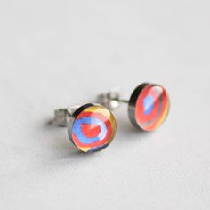 "Carefully handcrafted earrings, featuring Wassily Kandinsky's famous painting: Concentric circles, Made of 100% hypoallergenic SURGICAL STAINLESS STEEL and RESIN. Perfect for everyday wearing to office and for any other occasions. More ART: http://etsy.me/1lL5RqU More STUD earrings: http://etsy.me/Ym7FfT DIMENSIONS - 7mm / 10 mm / 12 mm (0.27\" / 0.4\" / 0.5\") in diameter MATERIALS - glossy, jewelry grade resin, that makes the earrings durable but light weight, as well as water resistant - hig Modern Multicolor Earrings As A Gift, Modern Multicolor Earrings For Gift, Modern Multicolor Earrings As Gift, Modern Jewelry With Abstract Design For Gift, Modern Abstract Jewelry As A Gift, Modern Abstract Design Jewelry Gift, Artsy Red Earrings As A Gift, Retro Sterling Silver Earrings For Gift, Retro Sterling Silver Earrings Gift