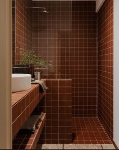 a brown tiled bathroom with a sink and mirror