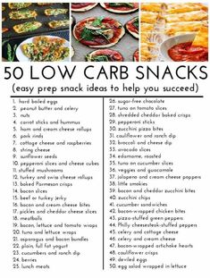 the 50 low carb snacks list is shown with pictures of different foods and drinks