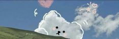 there are clouds and hearts floating in the sky over a hill with sheep on it