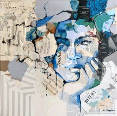 a collage of torn paper with a man's face and words on it