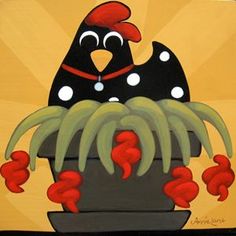 an acrylic painting of a rooster in a pot