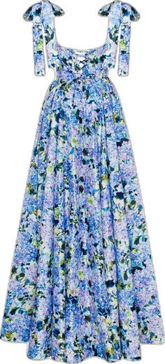 Bow Straps, Full Maxi Skirt, Taffeta Fabric, Full Length Skirts, Blue Floral Print, Blue Hydrangea, Full Skirt, Fitted Bodice, A Line Skirt