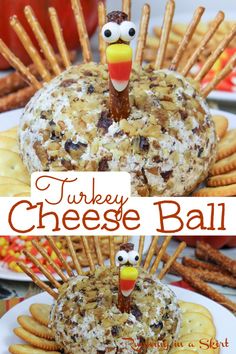 turkey cheese ball with pretzels and crackers