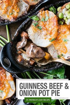 the cover of guinness beef and onion pot pie is shown in black cast iron pans