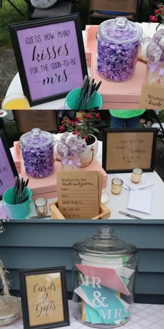 a table topped with lots of cakes covered in purple frosting and surrounded by pictures