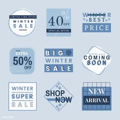 six different winter sale stickers on a blue background