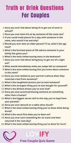 Truth or Drink Questions for Couples
HOT Truths or Dares questions for couples
Spicy couple games
Intimate games for couples
Relationship challenges Truth Or Drink Questions, Fun Couples Quiz, Juicy Questions, Truth Or Drink