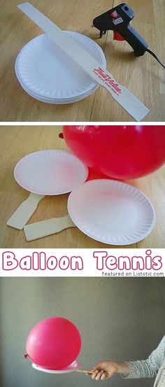 there are three pictures of balloon tenniss on the table