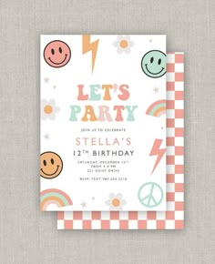 a birthday party card with smiley faces, rainbows and stars on the front is shown