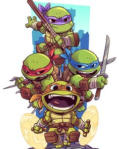 the teenage mutant turtles are standing on top of each other with swords in their hands