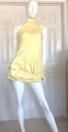 "Romeo Gigli designed for Callaghan in 1989 as well as his own line. The two collections were very similar. This dress is very comfortable and can be ruched up into a mini, or dropped down to just below the knee. There is one armhole as the dress then angles across the bust to reveal the opposite shoulder. Just a great summer dress. There are four double fabric layers and a final unruffled tight layer. This allows for the dress to be ruched at whatever length you desire. Measurements unstretched Romeo Gigli, Dress Off Shoulder, May 21, Dress Clothes For Women, The Knee, Double Layer, Knit Dress, Summer Dress, The Two