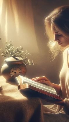 a woman sitting at a table with an open book in front of her and a clock on the table