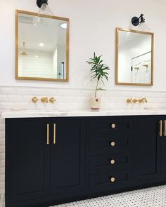 a bathroom with two sinks, mirrors and a plant in the middle of the room