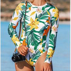 New Floral And Tropical Long Sleeve One Piece Swimsuit. Soft Cups Fixed Padding Zipper Raglan Sleeve Materials: 85% Polyester, 15% Spandex Lining: 90% Polyester, 10% Spandex Size: S 8-143 Orange One Piece, Orange Swimsuit, Blue One Piece, Black Bathing Suits, Plunging One Piece Swimsuit, Swimming Bathing Suits, 1 Piece Swimsuit, Striped One Piece, Womens Bathing Suits