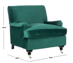 a green chair with wheels on the legs