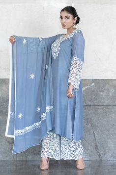 Designer Blue Palazzo Set With Chikankari Embroidery, Chanderi Palazzo Set With Chikankari Embroidery, Chikankari Embroidered Chanderi Palazzo Set With Long Sleeves, Chanderi Palazzo Set With Chikankari Embroidery Long Sleeve, Bollywood Cotton Silk Kurta With Chikankari Embroidery, Embroidered Cotton Silk Anarkali Set, Blue Cotton Silk Salwar Kameez For Wedding, Blue Cotton Silk Churidar With Dabka Work, Blue Palazzo Set With Intricate Embroidery In Chanderi