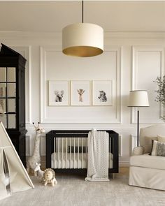 a baby's room is decorated in neutral colors