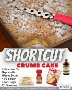 a poster for a cake shop with the words shortcut crumb cake