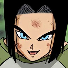 an anime character with blue eyes and long black hair, wearing a green hoodie