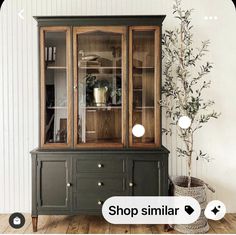 a green china cabinet with glass doors and drawers on the top, next to a potted plant