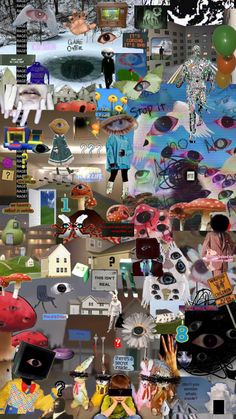 a collage of many different pictures with people and animals on them, including an eyeball