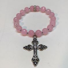 Pink Beaded Bracelet Silvertone Rhinestone Cross Handmade Stretch Band Medium Size Wrist Never Worn Pink Beaded Bracelet, Cross Bracelets, Pink Beaded Bracelets, Rhinestone Cross, Stretch Band, Decor Essentials, Stretch Bands, Bracelet Ideas, Cross Bracelet