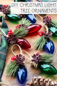 some christmas decorations are laying out on a table with pine cones and other holiday decorations