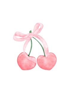 two cherries tied with pink ribbon on top of each other in the shape of hearts