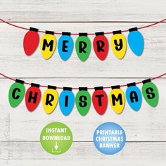 merry christmas printable banner with colorful lights on white wood planks and red string